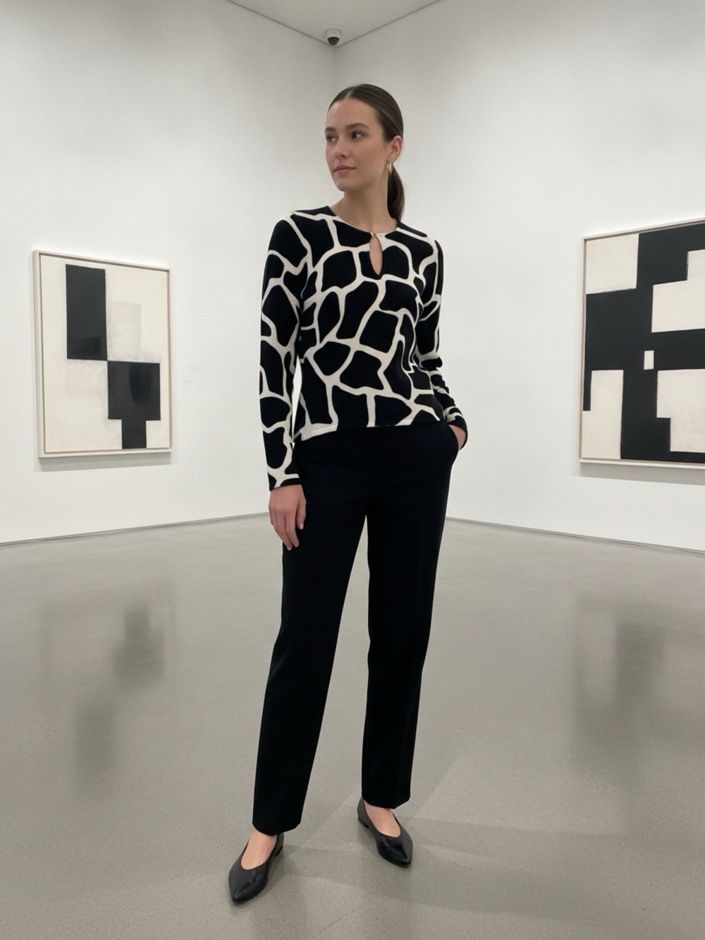 INC International Concepts Soft Stretch Knit Top Black and White Abstract Size S